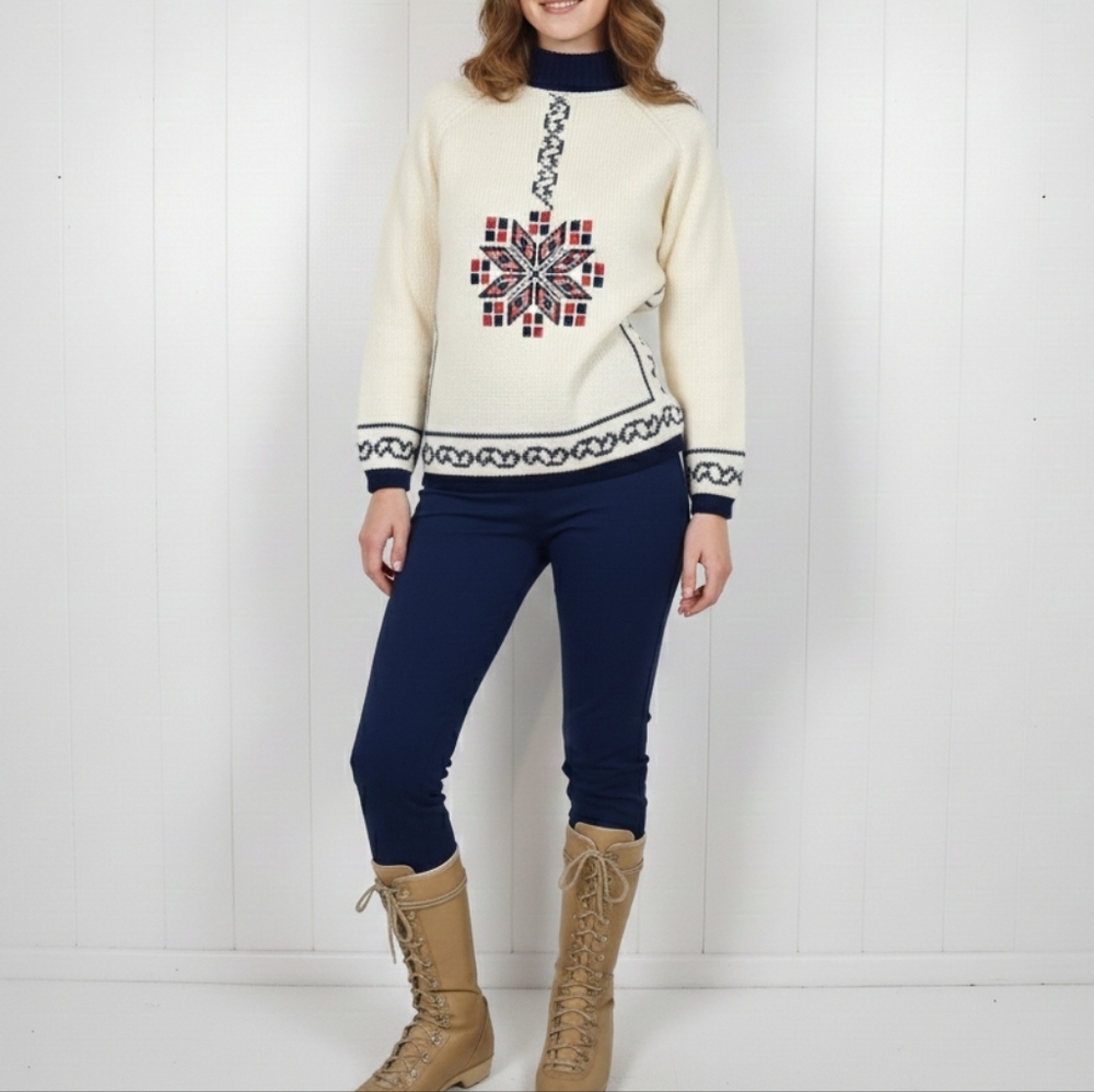 Vintage Fair Isle Nordic Ski Turtleneck Sweater Beige 1970s 1980s Size Small - Picture 1 of 10
